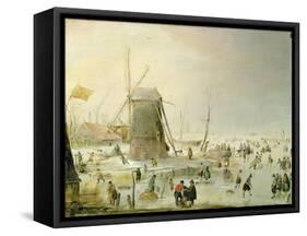 A Winter Scene with Skaters by a Windmill-Hendrik Avercamp-Framed Stretched Canvas