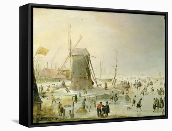 A Winter Scene with Skaters by a Windmill-Hendrik Avercamp-Framed Stretched Canvas