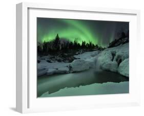 A Wintery Waterfall And Aurora Borealis Over Tennevik River, Norway-Stocktrek Images-Framed Premium Photographic Print