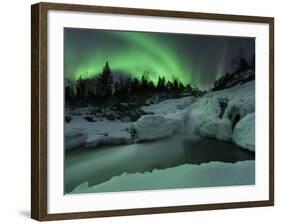 A Wintery Waterfall And Aurora Borealis Over Tennevik River, Norway-Stocktrek Images-Framed Photographic Print