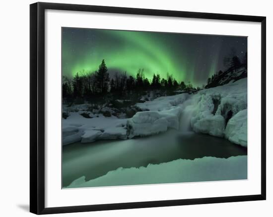 A Wintery Waterfall And Aurora Borealis Over Tennevik River, Norway-Stocktrek Images-Framed Photographic Print