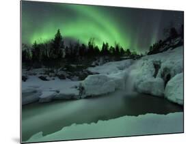 A Wintery Waterfall And Aurora Borealis Over Tennevik River, Norway-Stocktrek Images-Mounted Photographic Print