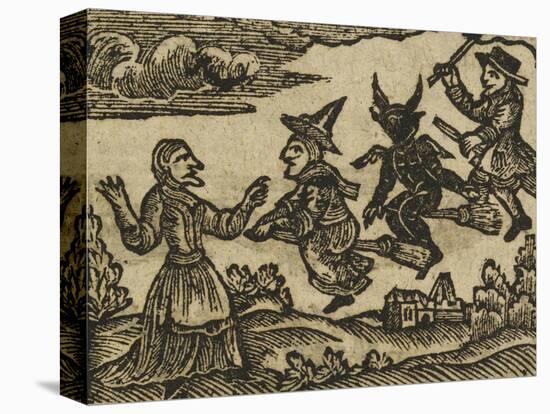 A Witch and Demon Flying On Broomsticks. There Is Also a Servant and Gentleman Depicted-null-Stretched Canvas