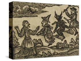 A Witch and Demon Flying On Broomsticks. There Is Also a Servant and Gentleman Depicted-null-Stretched Canvas