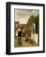 A Woman and a Maid in a Courtyard, c.1660-61-Pieter de Hooch-Framed Premium Giclee Print