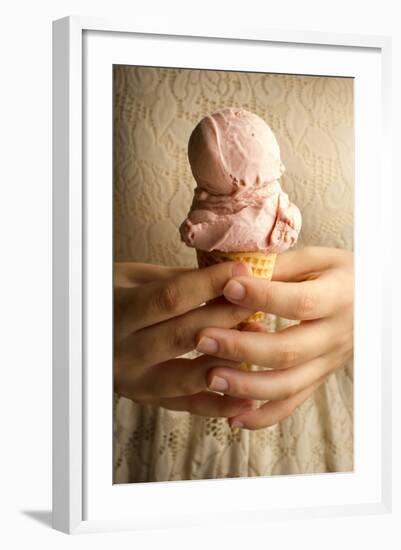 A Woman Carefully Holds a Double Scoop Ice Cream Cone with Both Hands-Cynthia Classen-Framed Photographic Print