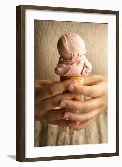 A Woman Carefully Holds a Double Scoop Ice Cream Cone with Both Hands-Cynthia Classen-Framed Photographic Print