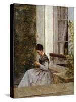 A Woman Crocheting-Giuseppe De Nittis-Stretched Canvas