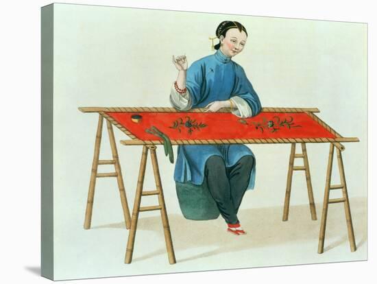 A Woman Embroidering Plate 41 from "The Costume of China"-Major George Henry Mason-Stretched Canvas