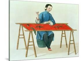 A Woman Embroidering Plate 41 from "The Costume of China"-Major George Henry Mason-Stretched Canvas