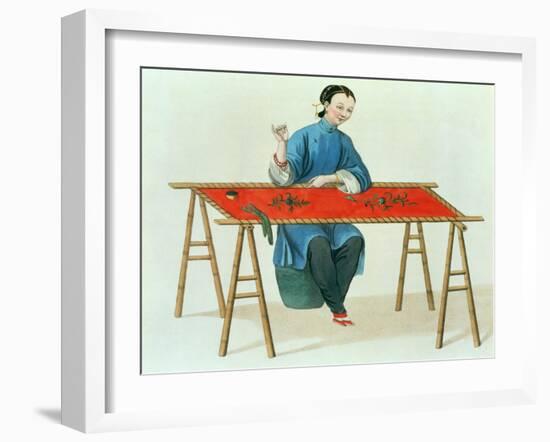 A Woman Embroidering Plate 41 from "The Costume of China"-Major George Henry Mason-Framed Giclee Print