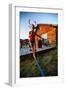 A Woman Holds A Mounted Deer Head While Walking A Static Line At Sunset In North Idaho-Ben Herndon-Framed Photographic Print