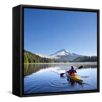 A Woman in a Sea Kayak Paddles on Trillium Lake, Oregon, USA-Gary Luhm-Framed Stretched Canvas