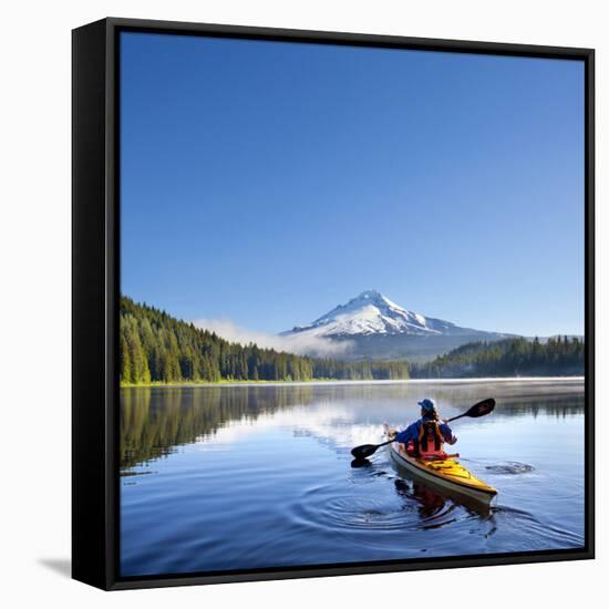 A Woman in a Sea Kayak Paddles on Trillium Lake, Oregon, USA-Gary Luhm-Framed Stretched Canvas