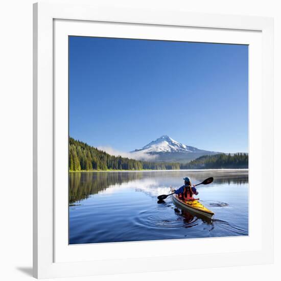 A Woman in a Sea Kayak Paddles on Trillium Lake, Oregon, USA-Gary Luhm-Framed Photographic Print