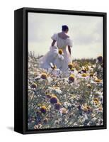 A Woman in a White Victorian Dress, Walking Among Camomile Flowers on a Meadow on a Sunny Day-Malgorzata Maj-Framed Stretched Canvas