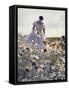 A Woman in a White Victorian Dress, Walking Among Camomile Flowers on a Meadow on a Sunny Day-Malgorzata Maj-Framed Stretched Canvas