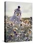 A Woman in a White Victorian Dress, Walking Among Camomile Flowers on a Meadow on a Sunny Day-Malgorzata Maj-Stretched Canvas