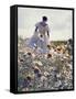 A Woman in a White Victorian Dress, Walking Among Camomile Flowers on a Meadow on a Sunny Day-Malgorzata Maj-Framed Stretched Canvas