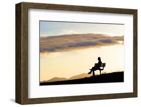 A Woman in Silhouette Sits on a Bench Along the Shelf Road Trail in Ojai California-Bennett Barthelemy-Framed Photographic Print