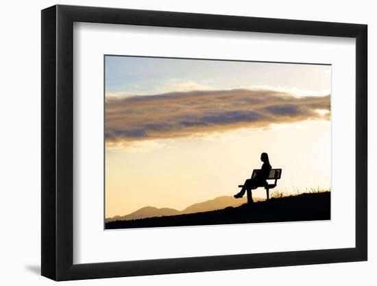 A Woman in Silhouette Sits on a Bench Along the Shelf Road Trail in Ojai California-Bennett Barthelemy-Framed Photographic Print