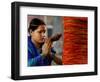 A Woman Offers Prayers to a Banyan Tree Covered by Sacred Thread-null-Framed Photographic Print