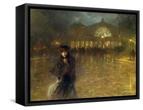 A Woman on a Paris Street at Evening-Lionello Balestrieri-Framed Stretched Canvas