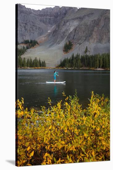 A Woman Paddle Boards On An Inflatable SUP, Alta Lakes Near Telluride, Colorado, San Juan Mts-Ben Herndon-Stretched Canvas