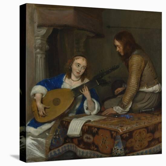 A Woman Playing the Theorbo-Lute and a Cavalier, c.1658-Gerard ter Borch or Terborch-Stretched Canvas