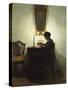 A Woman Reading by Candlelight in an Interior-Peter Ilsted-Stretched Canvas