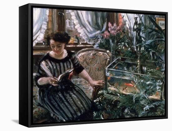 A Woman Reading Near a Goldfish Tank-Lovis Corinth-Framed Stretched Canvas