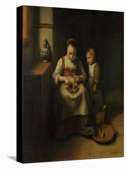 A Woman Scraping Parsnips, with a Child Standing by Her, 1655-Nicolaes Maes-Stretched Canvas