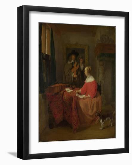 A Woman Seated at a Table and a Man Tuning a Violin, C. 1657?1658-Gabriel Metsu-Framed Giclee Print