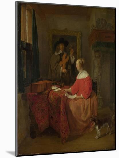 A Woman Seated at a Table and a Man Tuning a Violin, C. 1657?1658-Gabriel Metsu-Mounted Giclee Print