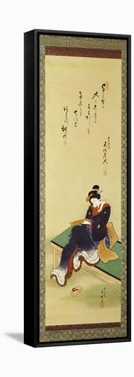 A Woman Seated on a Bench Holding a Poem Card, circa 1855-Utagawa Kunisada-Framed Stretched Canvas