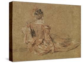 A Woman Seen from the Back, Red and Black Chalk, Pencil-Jean Antoine Watteau-Stretched Canvas