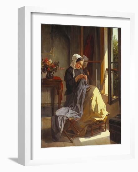 A Woman Sewing by an Open Window-Jules Trayer-Framed Giclee Print