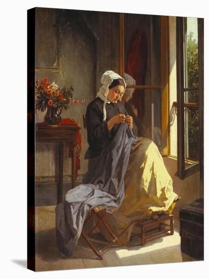 A Woman Sewing by an Open Window-Jules Trayer-Stretched Canvas