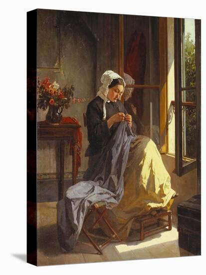 A Woman Sewing by an Open Window-Jules Trayer-Stretched Canvas