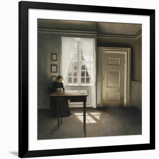 A Woman Sewing in an Interior-Vilhelm Hammershoi-Framed Giclee Print