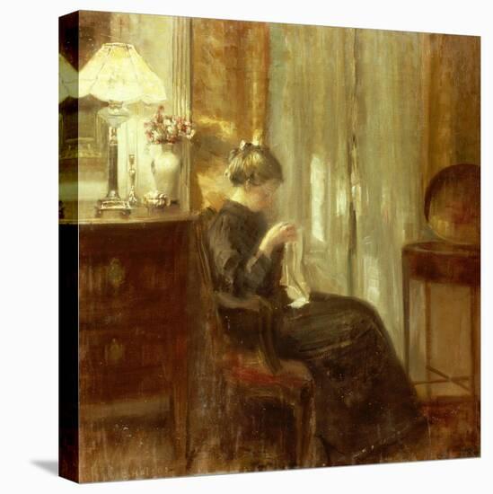 A Woman Sewing in an Interior-Carl Holsoe-Stretched Canvas