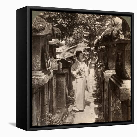 A Woman Shinto Devotee Counting the Stone Lanterns, Kasuga Shrine, Nara, Japan, 1904-Underwood & Underwood-Framed Stretched Canvas