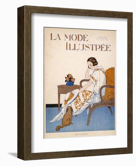 A Woman Sits on a Chair with a Hat in Her Hand and a Dog at Her Feet-null-Framed Art Print