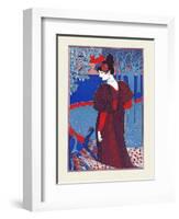 A Woman Stands Looking At Two Peacocks-Louis Rhead-Framed Art Print