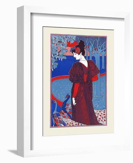 A Woman Stands Looking At Two Peacocks-Louis Rhead-Framed Art Print