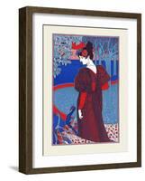 A Woman Stands Looking At Two Peacocks-Louis Rhead-Framed Art Print