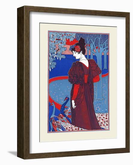 A Woman Stands Looking At Two Peacocks-Louis Rhead-Framed Art Print