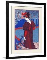 A Woman Stands Looking at Two Peacocks-Louis Rhead-Framed Art Print