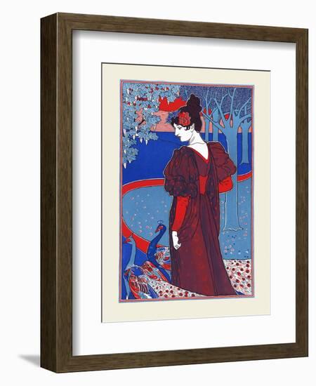 A Woman Stands Looking at Two Peacocks-Louis Rhead-Framed Art Print