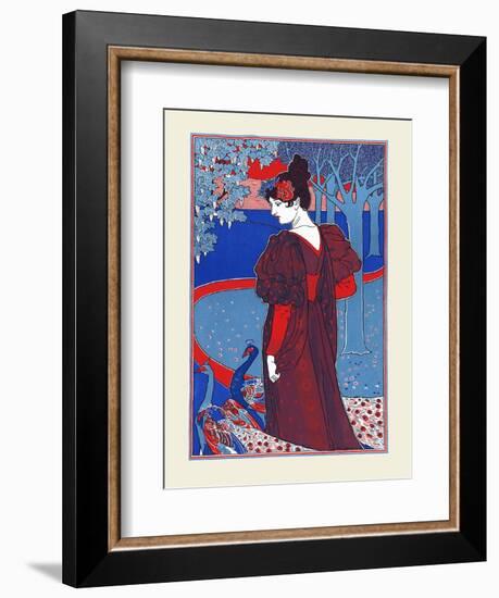 A Woman Stands Looking at Two Peacocks-Louis Rhead-Framed Art Print